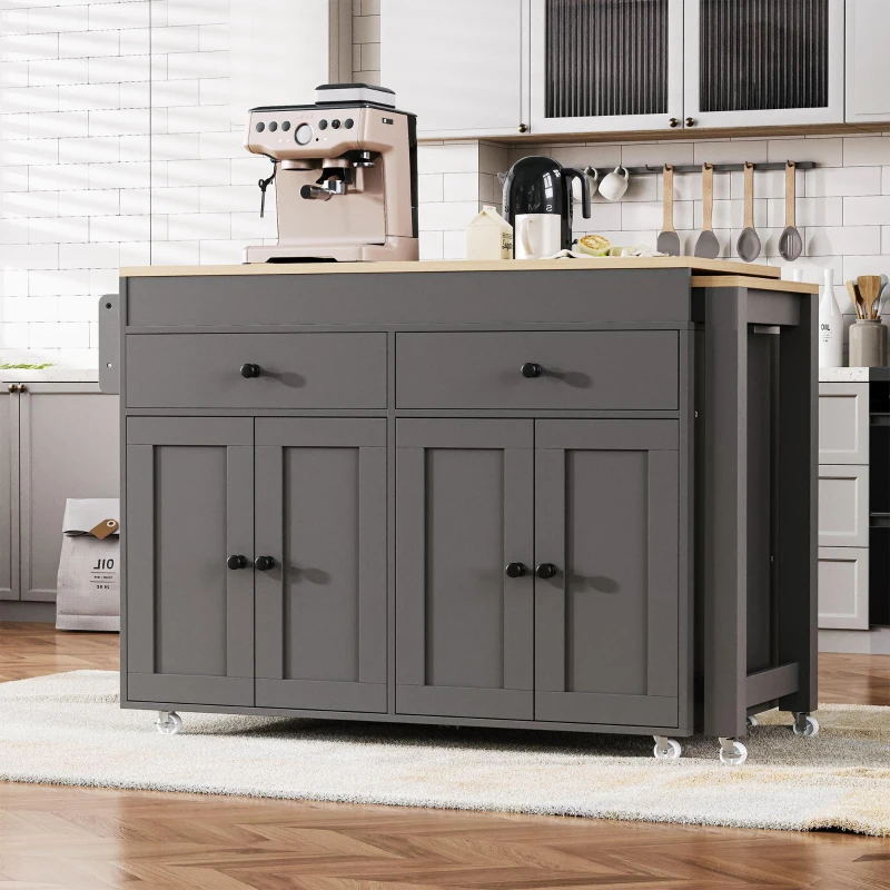 Space-Saving Kitchen Cart with 27" Extendable Dining Table, Rolling Kitchen Island with Ample Storage, 74.5'' L x 19.5'' W x 36'' H, Grey