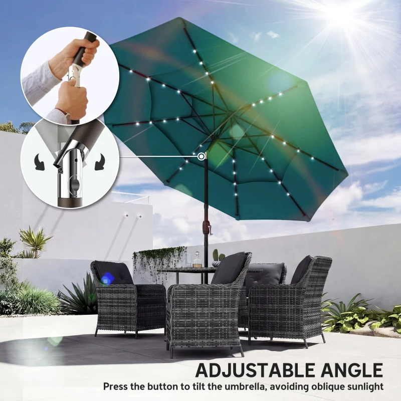 Outsunny 9.7 ft Outdoor Patio Umbrella with Solar LED Lights, 3 Tier Outdoor Table Umbrella with Tilt, Crank, Teal
