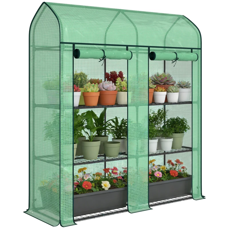 Outsunny 3 Tier Mini Greenhouse, Small Portable Greenhouse with 2 Roll-up Doors, 56.3" x 18.1" x 65", Green