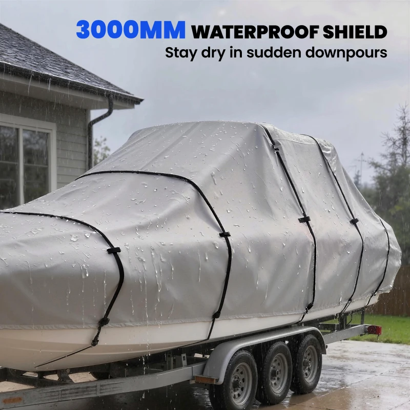 Outsunny 22-24 Ft Trailer Boat Cover, 3000mm Waterproof Universal Boat Cover with Quick-Fasten Buckles, Light Grey