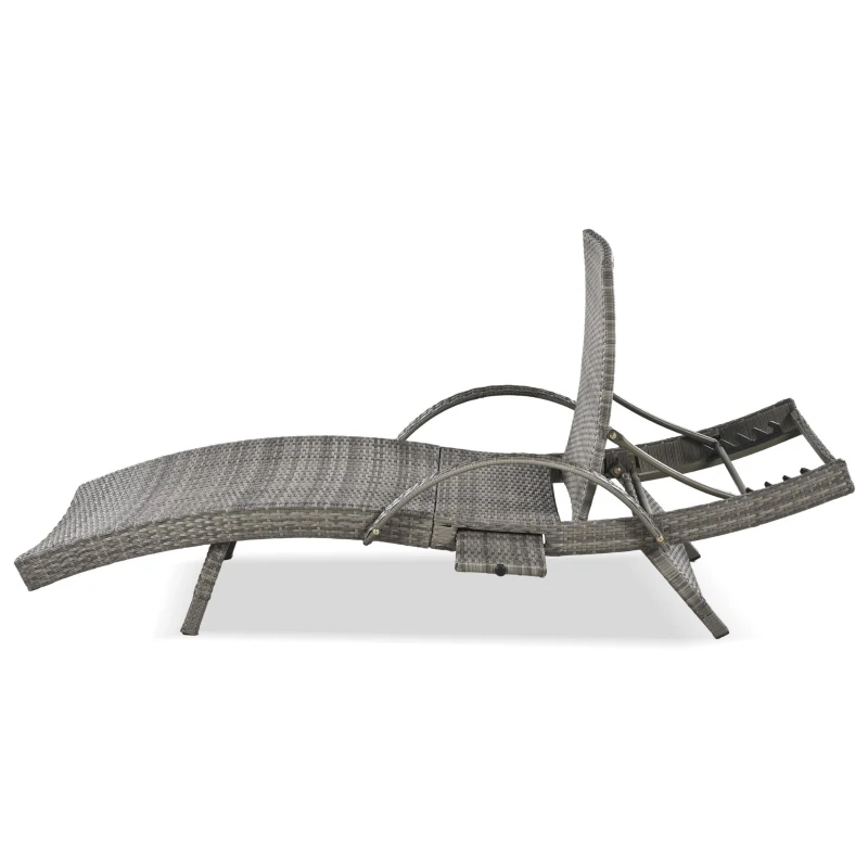 Set of 2 Outdoor Wicker Chaise Lounge with Adjustable Backrest, Ergonomic Recliners with Pull-Out Side Table, 80'' L x 27'' W x 36'' H, Grey