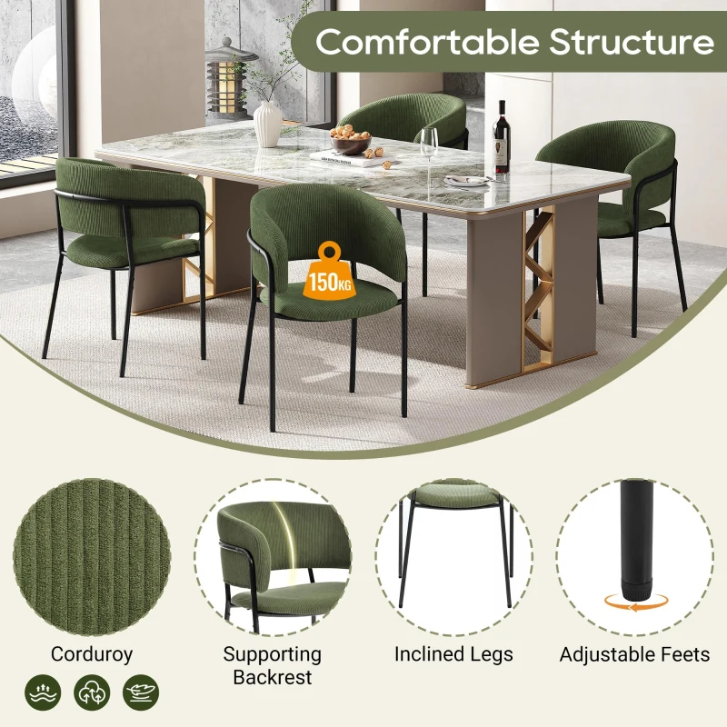 6-Piece Corduroy Side Chair Set with Ergonomic Curved Back, Sleek Lounge Chair Set for Living Room, 30.5" L x 21.5" W x 19.5" H, Green