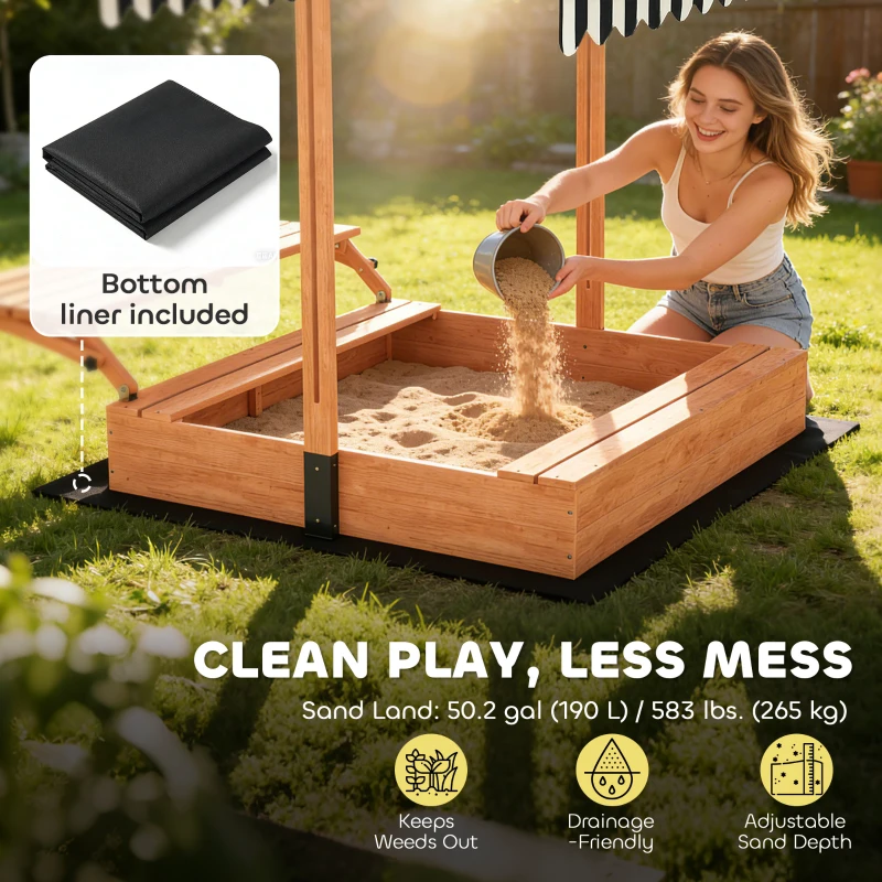 Qaba Kids Sandbox with Lid, Wooden Sand Pit with Canopy, Foldable Picnic Table, Bench Seats, Bottom Liner, Cover, Brown