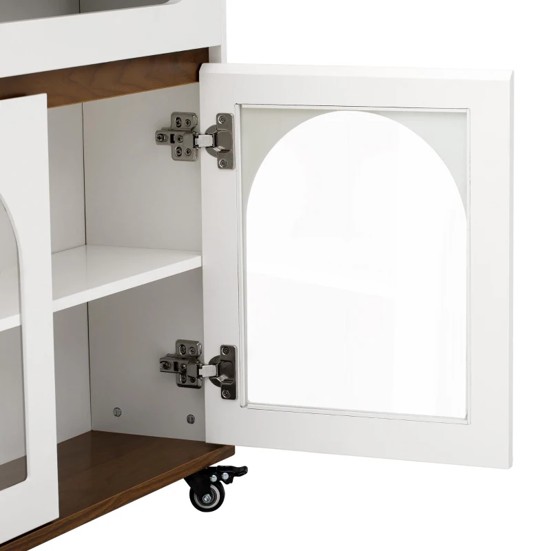 Extendable Rolling Kitchen Island with Folding Top, Versatile Kitchen Cart with Windows, 74" L x 43.5" W x 37.5" H, Creamy White+Walnut