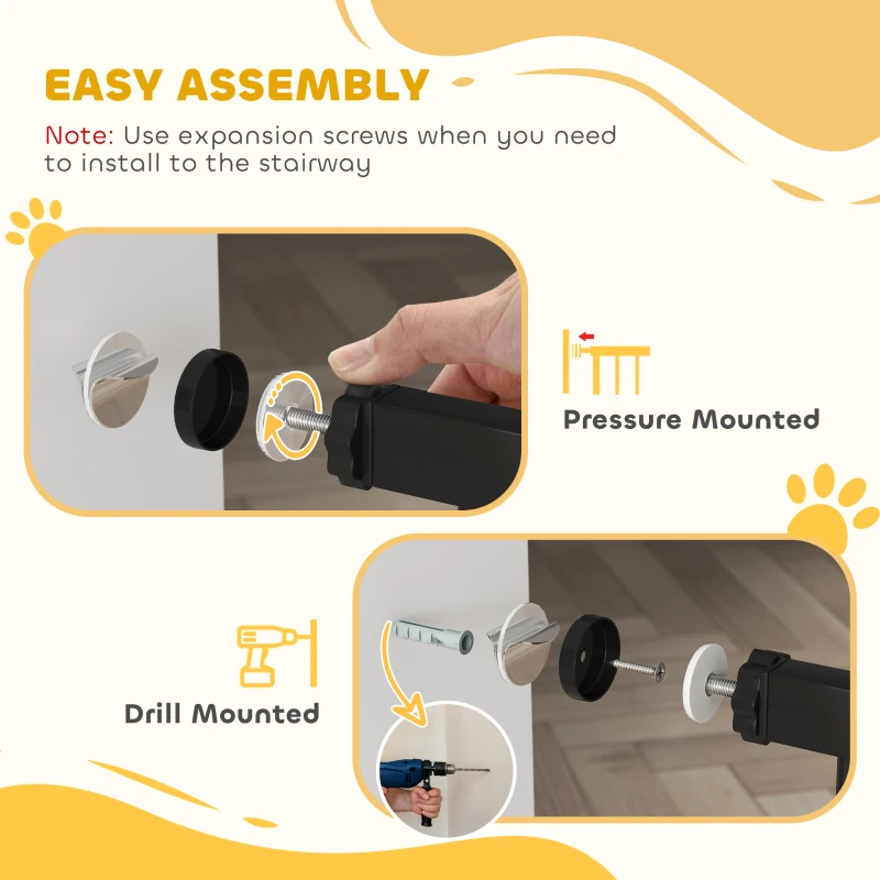 PawHut 26"-37" Dog Gate, Adjustable Pet Gate, Fits 10" Tall with 2 Extension, Pressure Mount Kit for Stairs and Doorways, Black