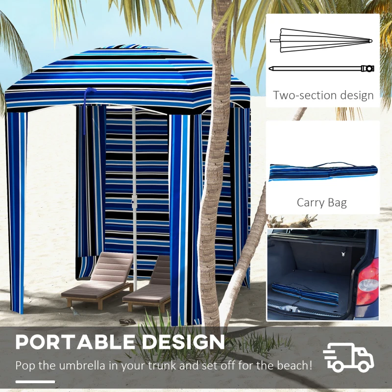 Outsunny 70.1" L x 70.1" W Cabana Umbrella with Walls, Vents, Ruffles, Carry Bag, Beach Umbrella, Blue Stripe