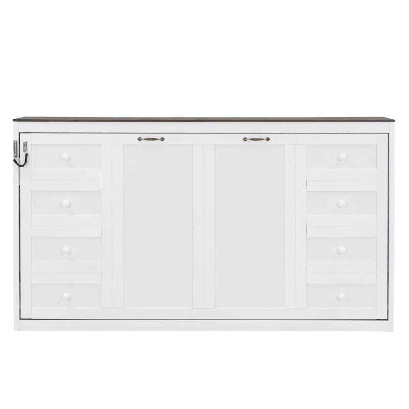 Twin-Size Murphy Bed with LED Light and Foldaway Cabinet, Space-Saving Wall Bed with Desk Conversion, 83" L x 45.5" W x 47" H, Brown+White