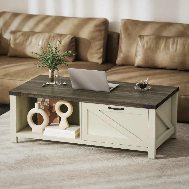 HOMCOM Farmhouse Coffee Table with Drawer, Open Storage Shelf for Living Room, Dining Room, Office, Distressed White