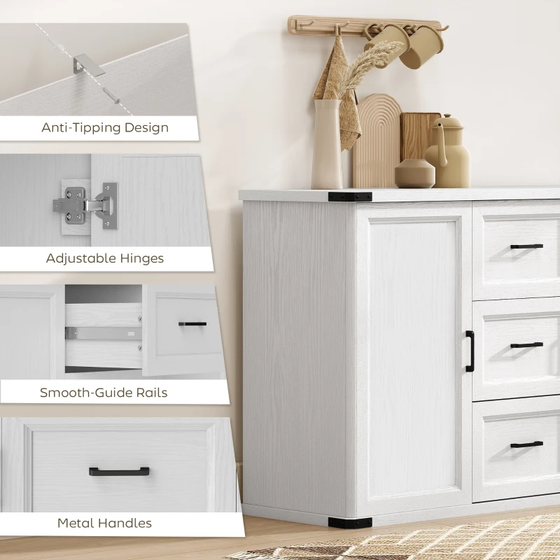 HOMCOM Sideboard with 3 Drawers and 2 Doors, 47" Buffet Cabinet with Adjustable Shelves for Kitchen, White Wood Grain