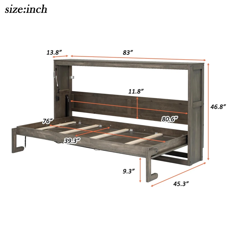 Twin-Size Murphy Bed with LED Light and Foldaway Cabinet, Space-Saving Wall Bed with Desk Conversion, 83" L x 45.5" W x 47" H, Brown