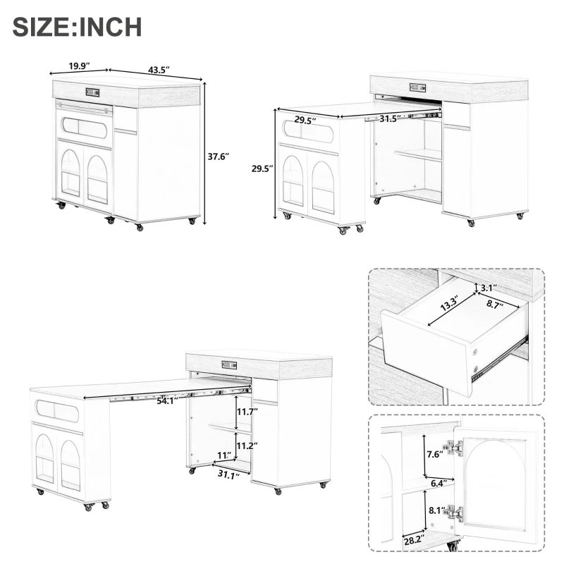 Extendable Rolling Kitchen Island with Folding Top, Versatile Kitchen Cart with Windows, 74" L x 43.5" W x 37.5" H, Creamy White+Natural