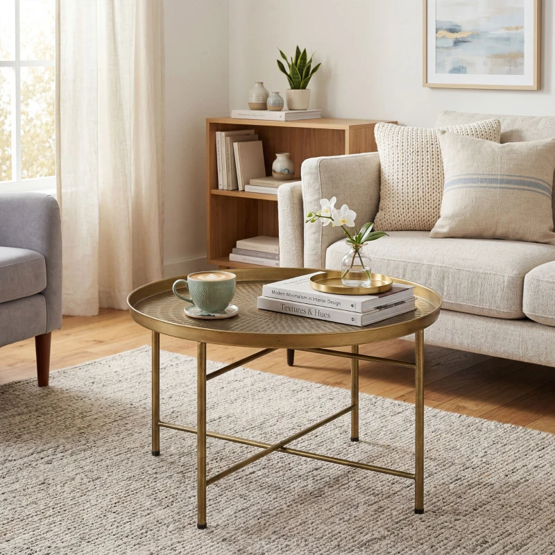 HOMCOM Vintage Coffee Table for Living Room, 24" Round Center Table with Hammered Tray Top and Metal Frame, Gold