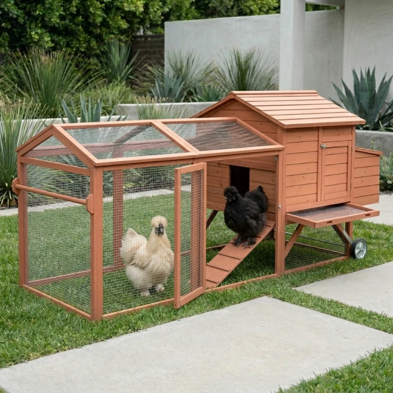 PawHut 96.5" Chicken Coop Wooden Hen House Poultry Cage Pen Portable with Wheels and Nesting Box, Chicken Cage for Backyard Outdoor, Natural