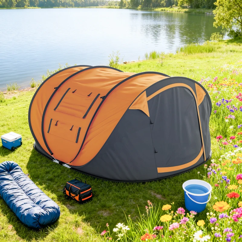 Outsunny 4 Person Camping Tent, Easy Pop Up Tent with Doors, Windows and Carry Bag, Automatic Setup Tent for Hiking, Orange