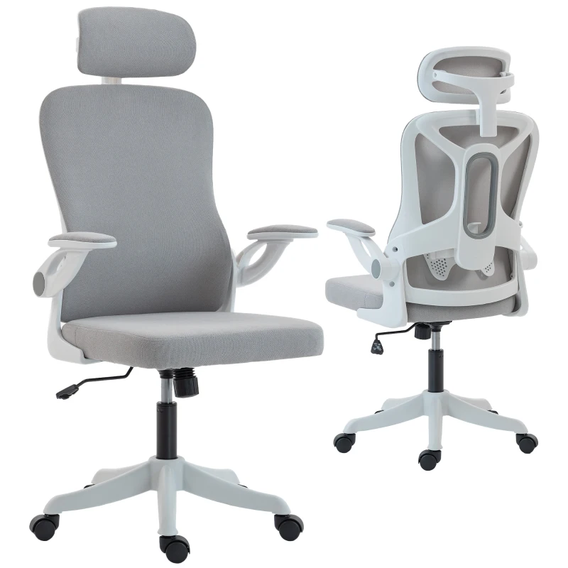 HOMCOM Ergonomic Office Chair, Swivel Desk Chair with Adjustable Lumbar Support, Headrest and Height, Flip-up Armrests, Grey