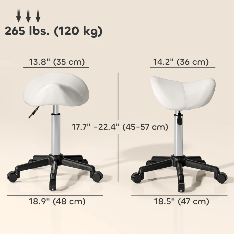 HOMCOM Saddle Stool, Adjustable Rolling Stool, White