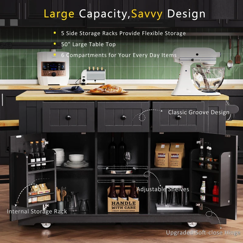 Versatile Kitchen Island with Adjustable Shelves & Drop Leaf, Rolling Kitchen Cart with 5 Hidden Casters, 53'' L x 29.5'' W x 36.5'' H, Black