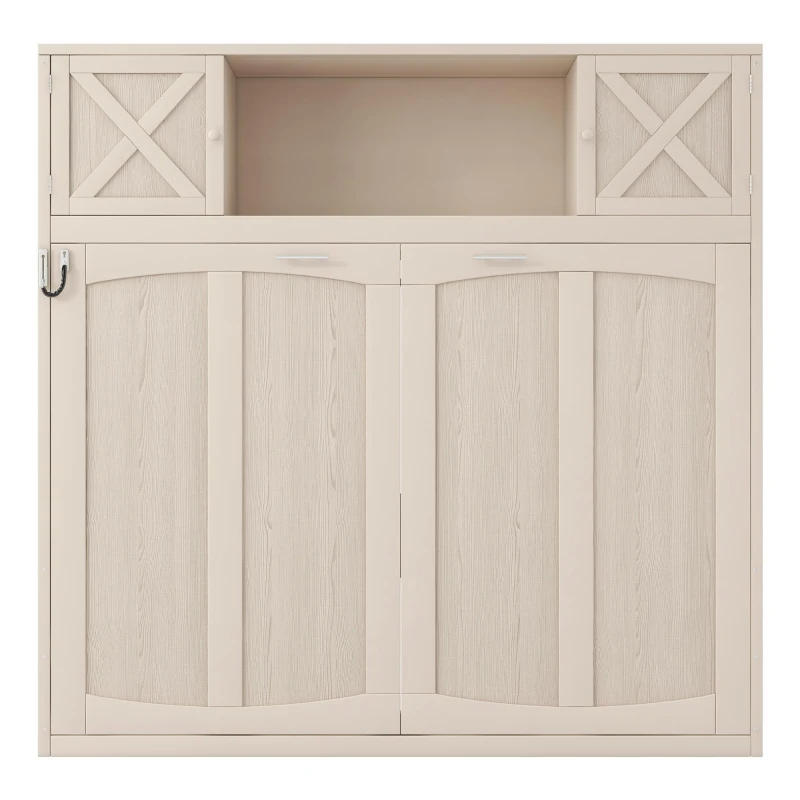 Space-Saving Full Size Murphy Bed with Fold-Down Design, Sturdy Storage Bed with 3 Upper Cabinets, 83" L x 60.5" W x 82" H, Beige