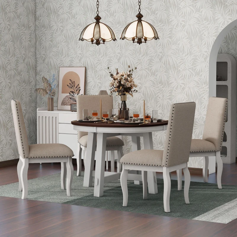 Farmhouse Dining Set with Upholstered High-Back Chairs, Sturdy Side Chair Set for Living Room, 58" L x 42" W x 30" H, Beige+Off White+Walnut