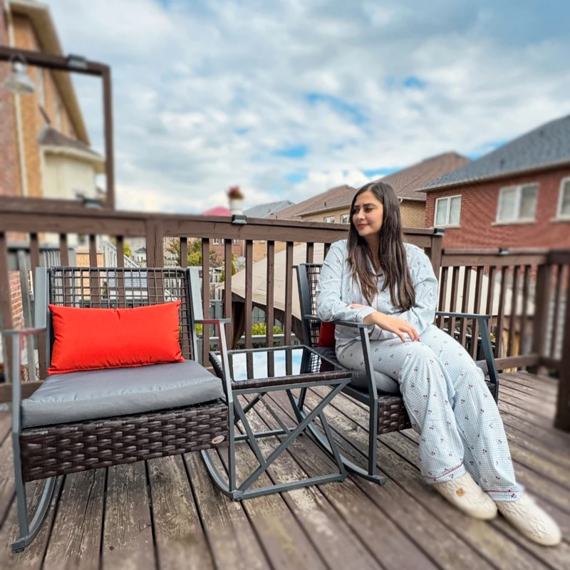 Outsunny 3 Pieces Rocking Bistro Set, Wicker Patio Furniture Set with Cushions and Glass Table for Porch, Balcony, Grey