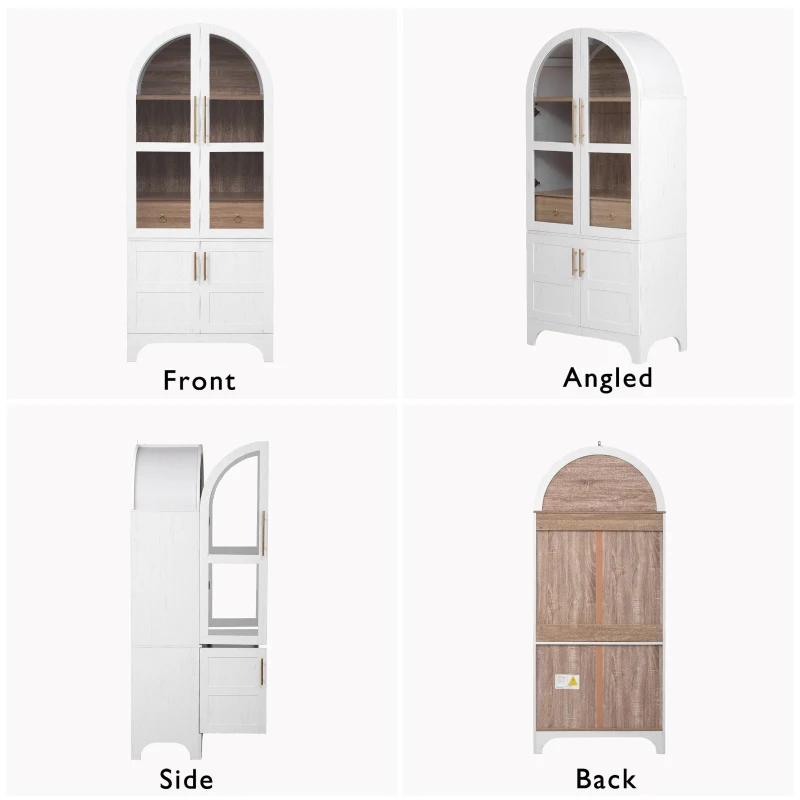Arched Kitchen Pantry Cabinet with Large Hidden Drawer, Glass-Door Storage with Soft-Close Hinges, 30'' L x 15.5'' W x 71'' H, White
