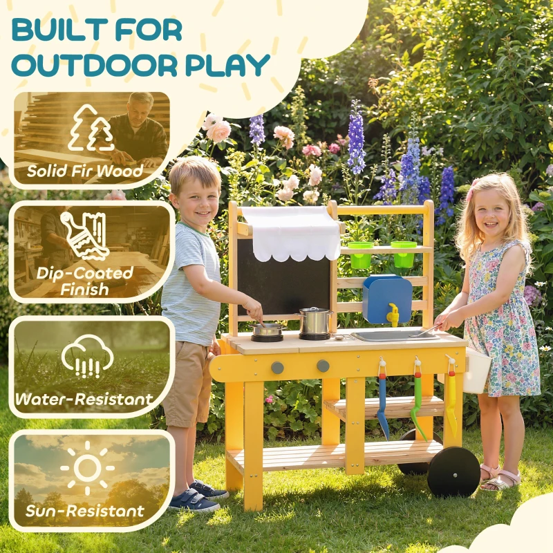 Qaba Mud Kitchen for Kids Outdoor with Wheels, Wooden Play Kitchen with Sink, Storage, Planting Pots, Blackboard, Yellow