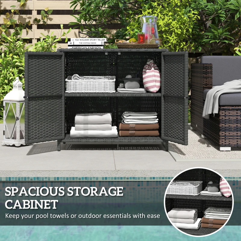 Outsunny Wicker Outdoor Storage Cabinet Double Magnetic Doors, PE Rattan Outdoor Towel Rack for Pool, Patio, Dark Grey