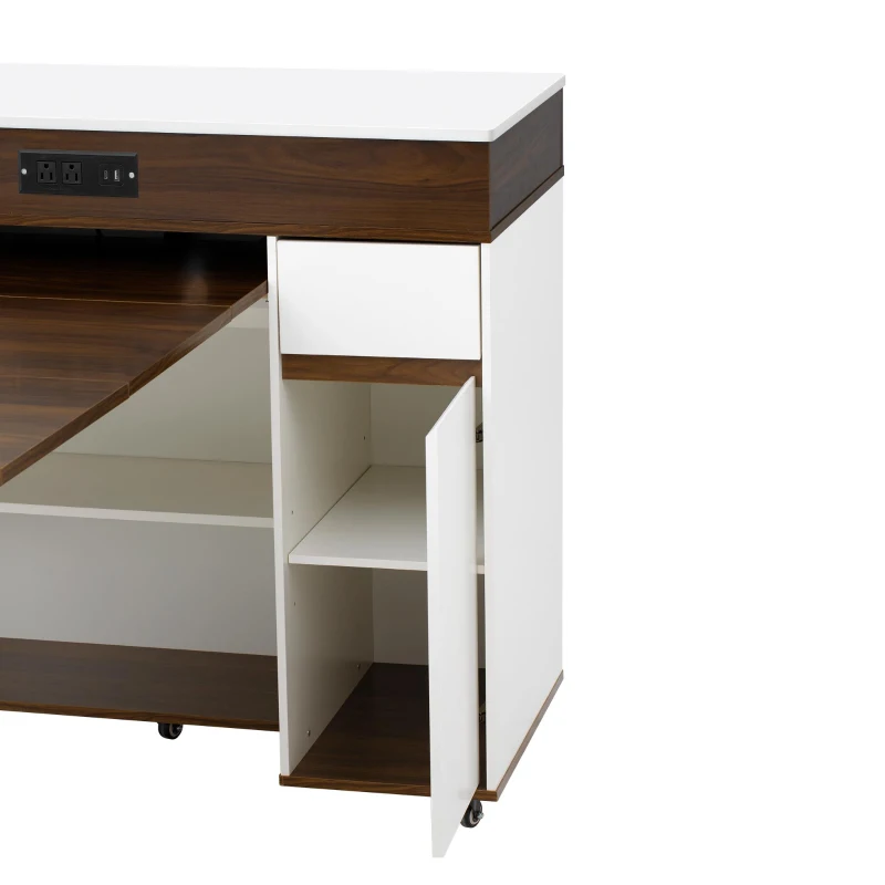 Extendable Rolling Kitchen Island with Folding Top, Versatile Kitchen Cart with Windows, 74" L x 43.5" W x 37.5" H, Creamy White+Walnut