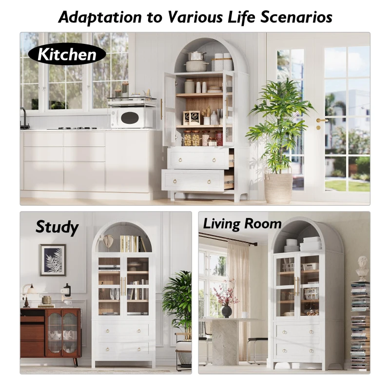 Arched Kitchen Pantry Cabinet with 2 Large Drawers, Stylish Storage Cabinet with Adjustable Shelves, 30'' L x 15.5'' W x 71'' H, White