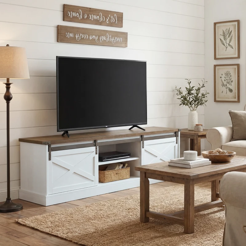 HOMCOM TV Stand for TVs up to 65 Inch, Entertainment Center with Shelves, Cabinets, Sliding Barn Doors, Thick Top, White