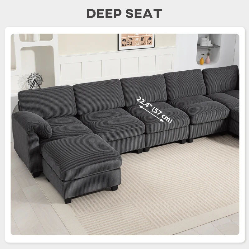HOMCOM Modular Sectional Sofa, Oversized U-Shaped Couch with Spring Cushion, Corduroy Sofa for Living Room, Charcoal Grey