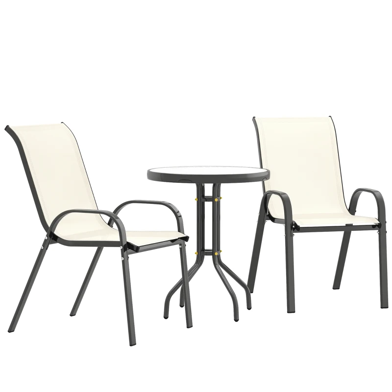 Outsunny 3 Pieces Bistro Set, Small Patio Furniture Set with Stackable Mesh Chairs, Glass Table for Garden, Balcony, Beige