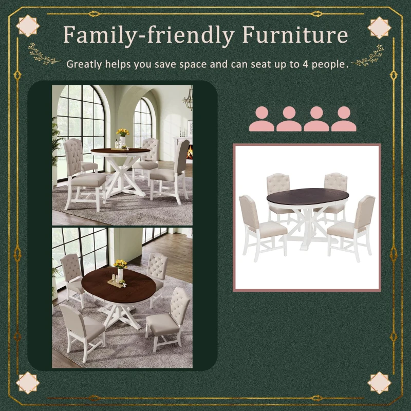 Extendable Dining Table Set with 4 Upholstered Chairs, Stylish Kitchen Table Set with Oak Veneer Top, 54" L x 42" W x 30" H, Off White+Walnut