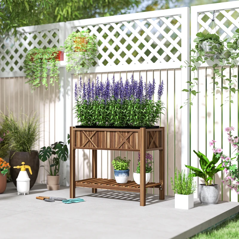 Outsunny Wooden Raised Garden Bed, Elevated Planter Box with Storage Shelf, Drainage Holes and Liner, 34"x18"x30", Carbonized