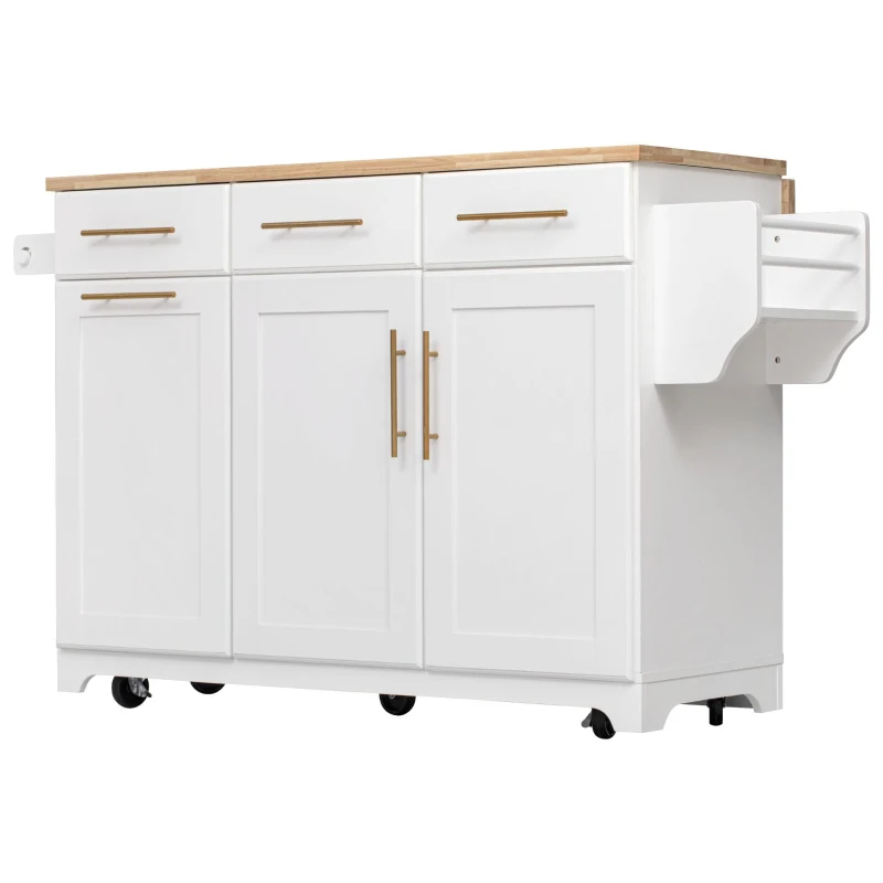 Rolling Kitchen Island with Drop-Leaf Rubberwood Top, Versatile Storage Cart for Contemporary Homes, 59.5'' L x 29.5'' W x 35.5'' H, White
