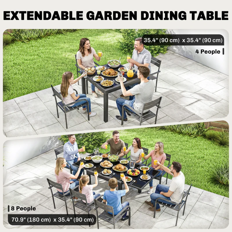 Outsunny Aluminum Expandable Outdoor Dining Table with Tempered Glass Tabletop and Aluminum Frame, for Garden, Backyard, Black