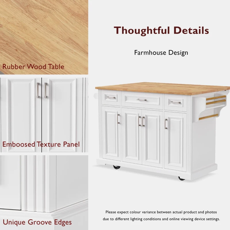 Rolling Kitchen Island with 3 Drawers and Adjustable Shelves, Stylish Kitchen Cart for Kitchen or Dining Area, 54'' L x 29.5'' W x 36'' H, White