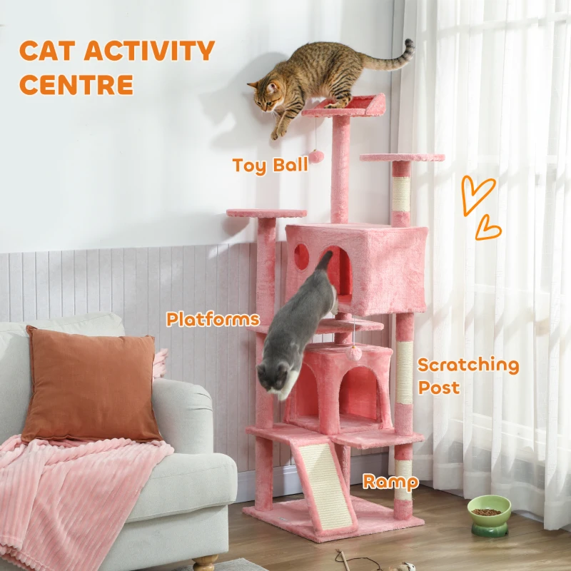 PawHut 63" Cat Tree, Multi-Level Cat Tower with Scratching Posts, Cat Condos, Bed, Platforms, Ramp, Toy Ball, Pink