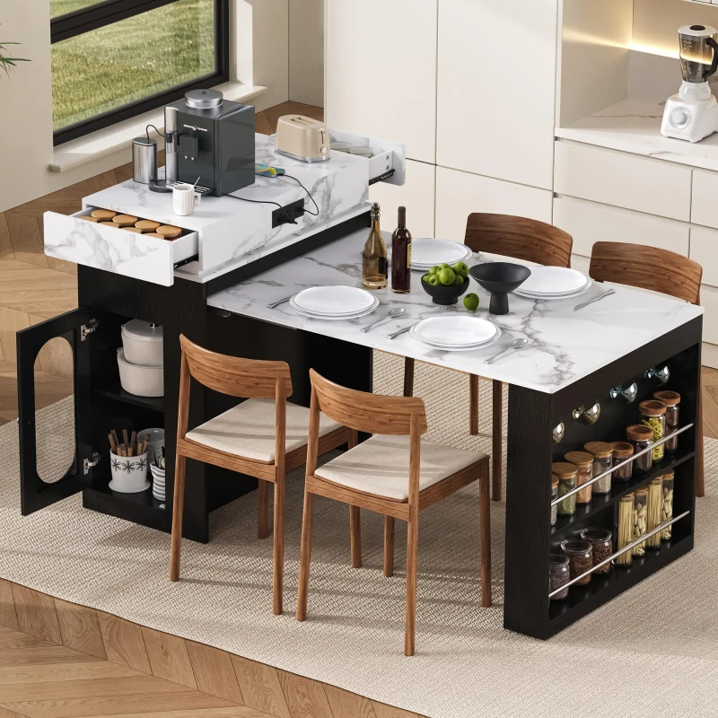 Extendable Dining Table with Folding Tabletop, Multi-Functional Kitchen Island with Drawers, 57.5" L x 32.5" W x 38" H, Black+White Marble