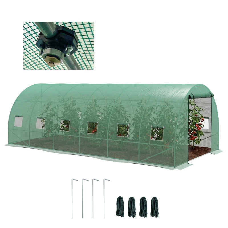 Outsunny 20' x 10' Walk-in Greenhouse with Sprinkler System, Tunnel Green House with Wide Roll-up Door, 12 Mesh Windows, Green