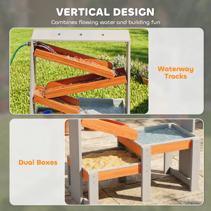 Qaba Wooden Sandbox, Kids Sand and Water Table with Waterway Track and Dual Boxes, Sensory Table for Outdoor, Grey