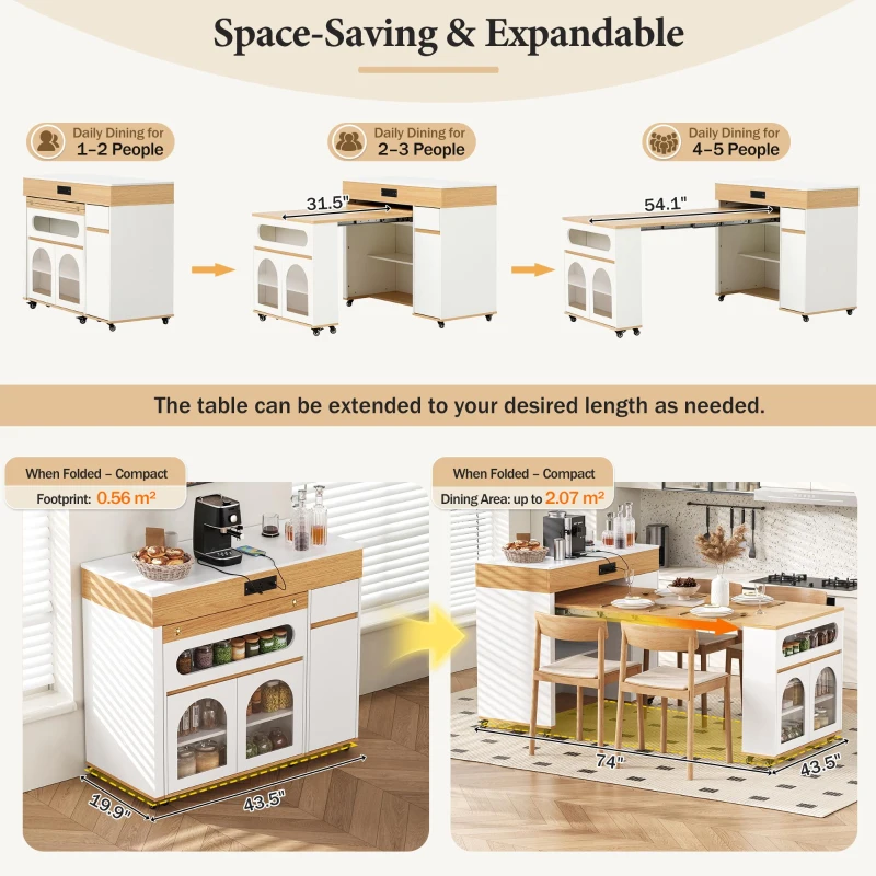 Extendable Rolling Kitchen Island with Folding Top, Versatile Kitchen Cart with Windows, 74" L x 43.5" W x 37.5" H, Creamy White+Natural
