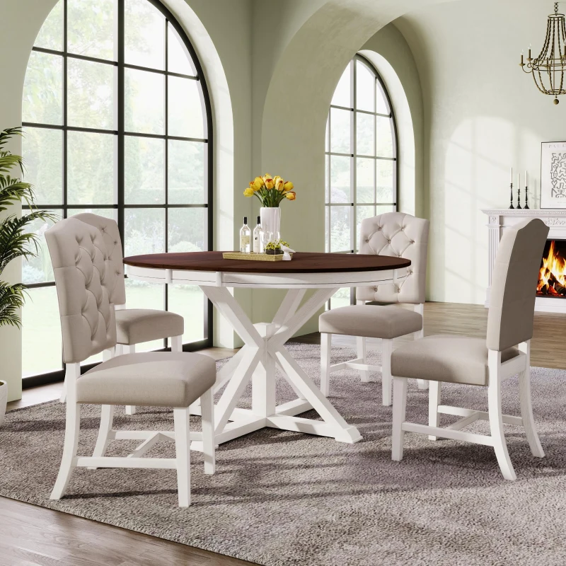Extendable Dining Table Set with 4 Upholstered Chairs, Stylish Kitchen Table Set with Oak Veneer Top, 54" L x 42" W x 30" H, Off White+Walnut