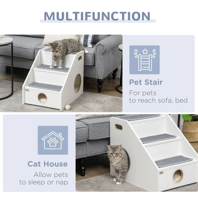 PawHut Pet Stairs for Miniature Dogs Hidden House, Cat Steps for Couch High Bed Sofa, Portable Puppy Stairs for Climbing with Handles, Non-Slip Carpet, Side Holes for Entry, White