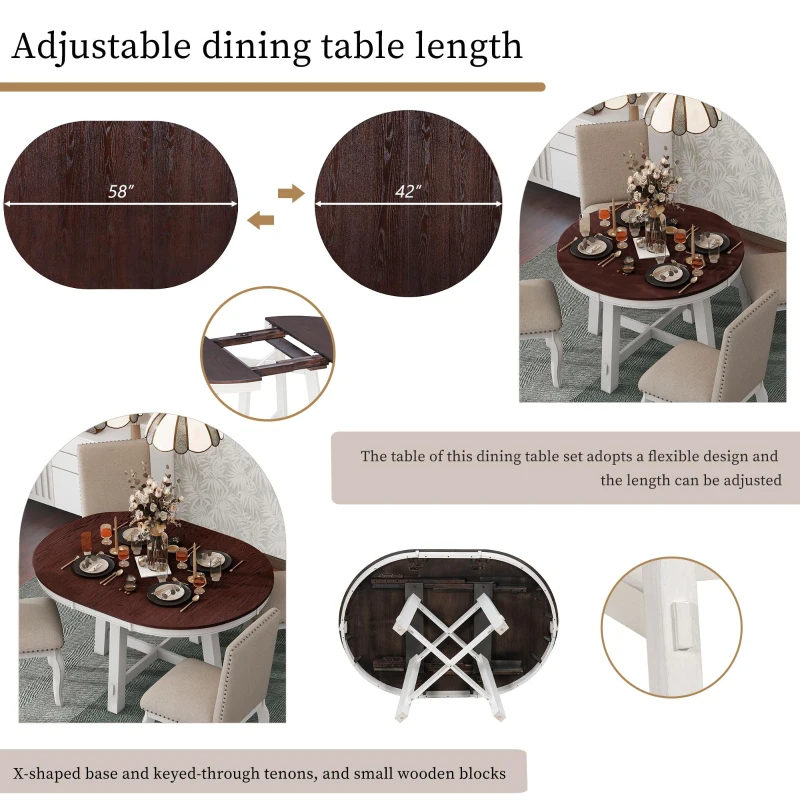 Farmhouse Dining Set with Upholstered High-Back Chairs, Sturdy Side Chair Set for Living Room, 58" L x 42" W x 30" H, Beige+Off White+Walnut