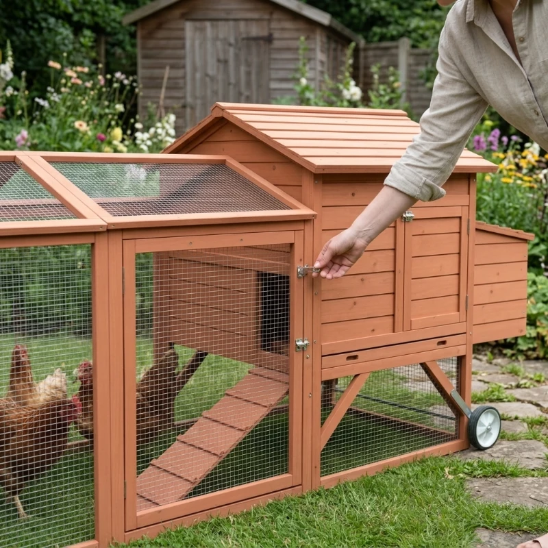 PawHut 96.5" Chicken Coop Wooden Hen House Poultry Cage Pen Portable with Wheels and Nesting Box, Chicken Cage for Backyard Outdoor, Natural