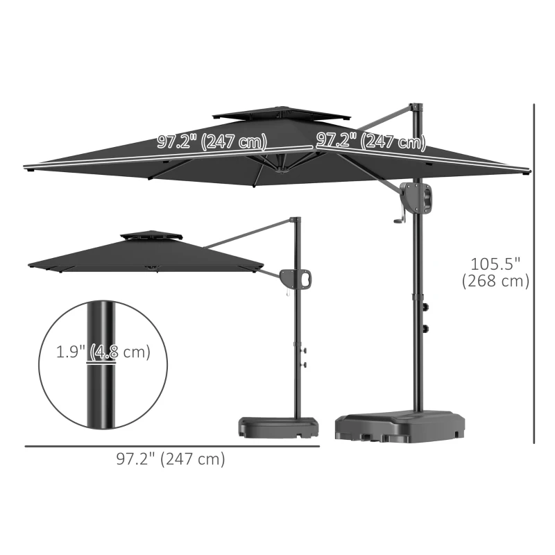 Outsunny Square Cantilever Patio Umbrella, Double Top Patio Hanging Offset Umbrella with Crank & Tilt, 8' x 9', Dark Grey