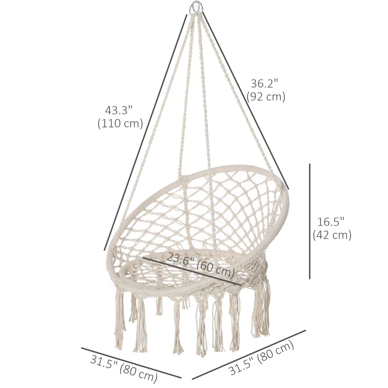 Outsunny Patio Hammock Chair, Hanging Rope Hammock Swing for Indoor & Outdoor Use with Backrest, Cotton-Polyester Blend, Fringe Tassels, Cream White