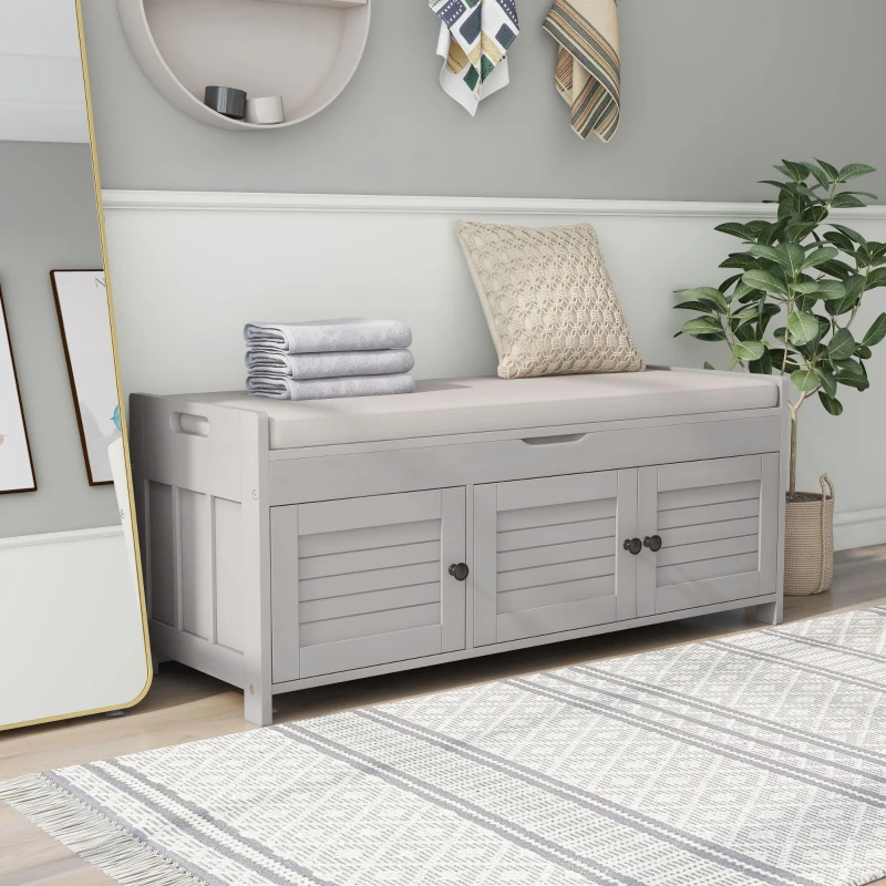 Rustic Storage Bench with Removable Linen-Blend Cushion, Functional Entryway Bench for Living Room, 43.5" L x 16" W x 18" H, Gray Wash