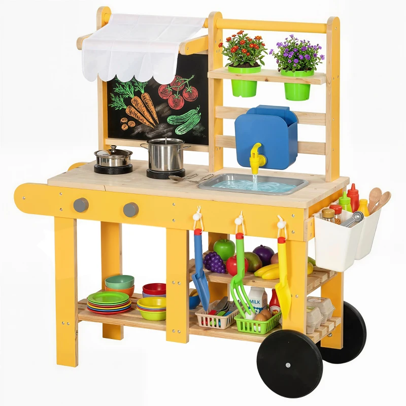 Qaba Mud Kitchen for Kids Outdoor with Wheels, Wooden Play Kitchen with Sink, Storage, Planting Pots, Blackboard, Yellow